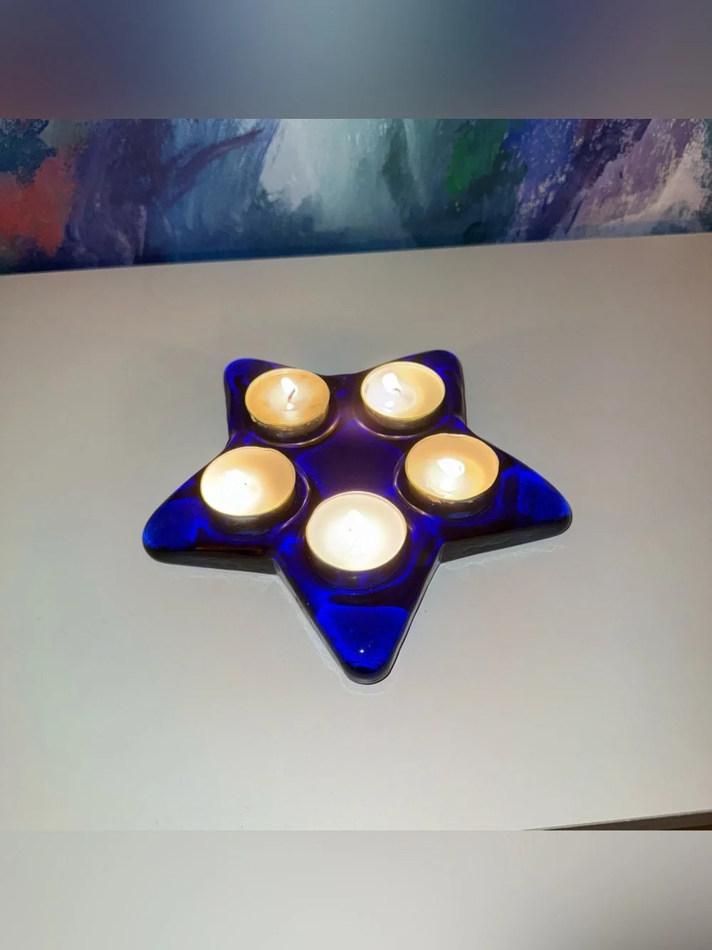 Blue Glass Star Candle Holder 5 Tea Light or Pillar Candle Celestial Whimsigoth